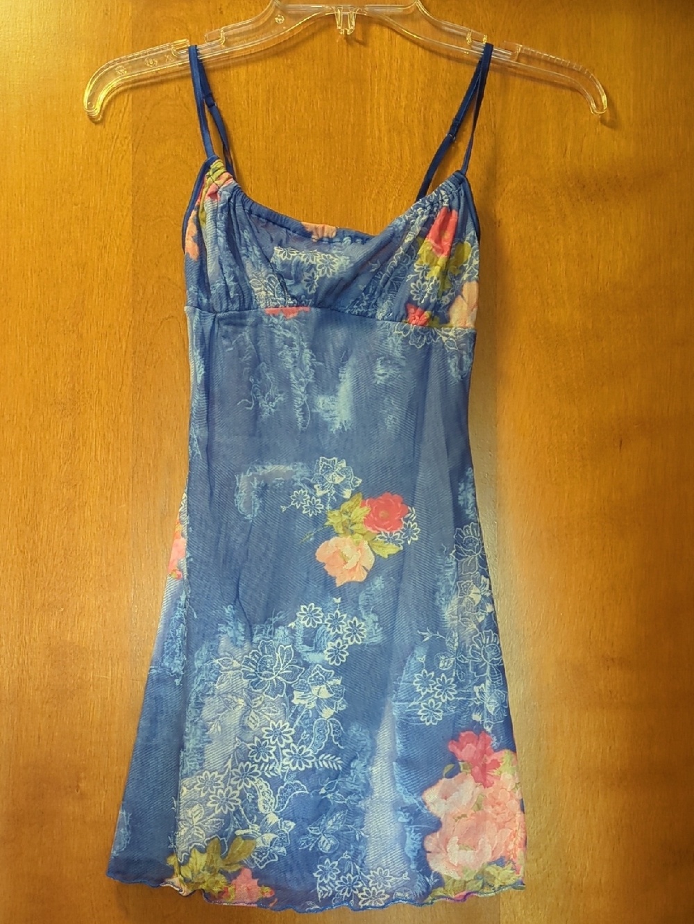 Cosabella Blue Sheer Chemise with Pink & White Floral Accents